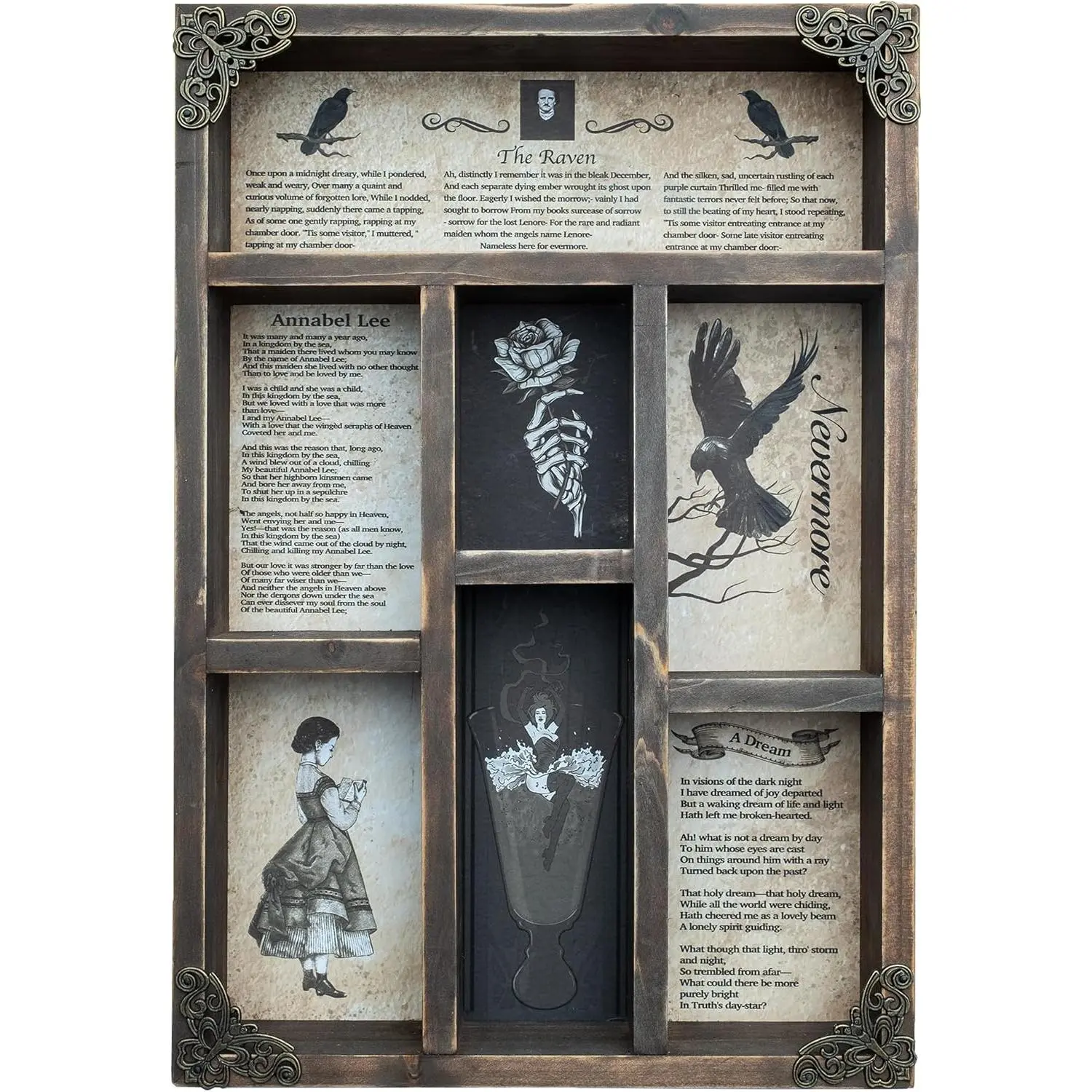 INSOVITA Rustic Edgar Allan Poe Poems Cabinet of Curiosities,Victorian Gothic Decor for Shelves, Small Wall Shelf, Halloween Decor, Floating Shelves, Vintage Wall Decor, Gift for Poetry/Goth Fans