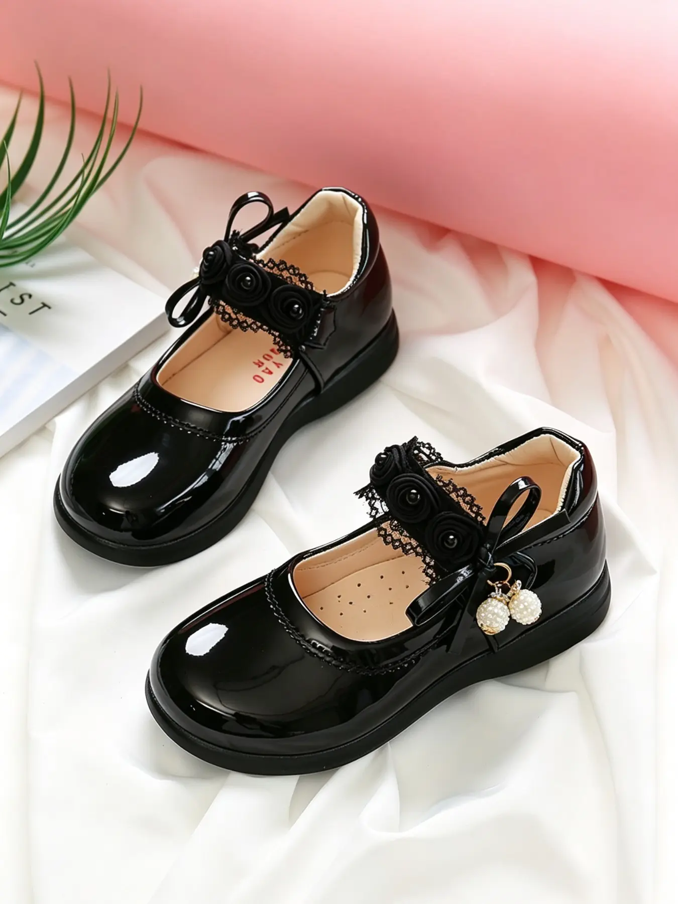 Girls' Lace & Pearl Charms Mary Jane Shoes, Elegant Design, Soft Rubber Sole, Spring & Fall Dress Shoes, School Recital Footwear