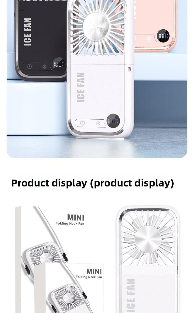 tylish and versatile personal fan with digital display, foldable design, and dual-use for neck hanging or handheld. Built with ice compress cooling technology, USB rechargeable, ultra-portable for outdoor, travel, office and daily use. Low noise, strong w