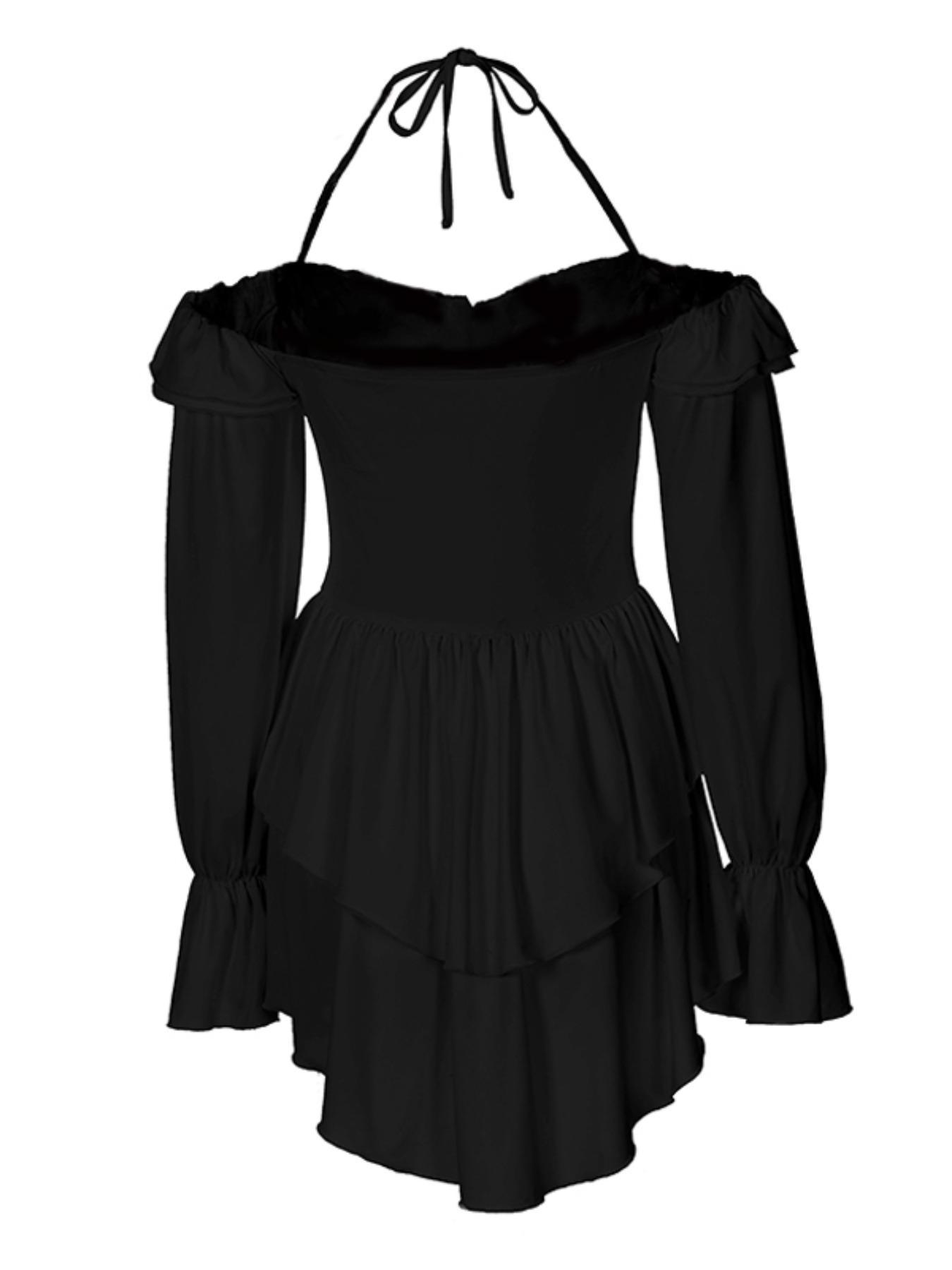 Women's Vintage Fitted Off-Shoulder Long-Sleeve Ruffle Halter Neck Overalls - Casual Summer Clothes