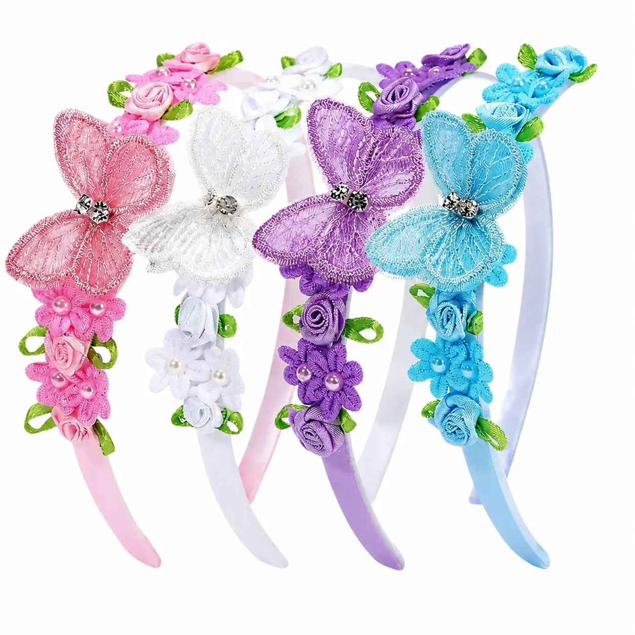 Elegant Handmade Girls' Lace Butterfly Headband with Delicate Pearl Accents and Floral Embellishments – Soft Hemmed Fabric Hair Accessory for Everyday Wear, School Outfits, Casual Playdates, and Themed Birthday Celebrations