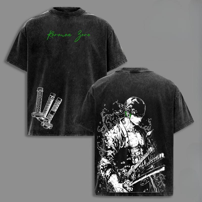 Roronoa Zoro T Shirt One Piece Anime Tee Three Sword Style Santoryu Graphic Top Vintage Washed Streetwear Green Aesthetic Wano Arc Oversized Unisex Casual Top Shonen Spirit Collection Retro Style Soft Cotton Daily Outfit