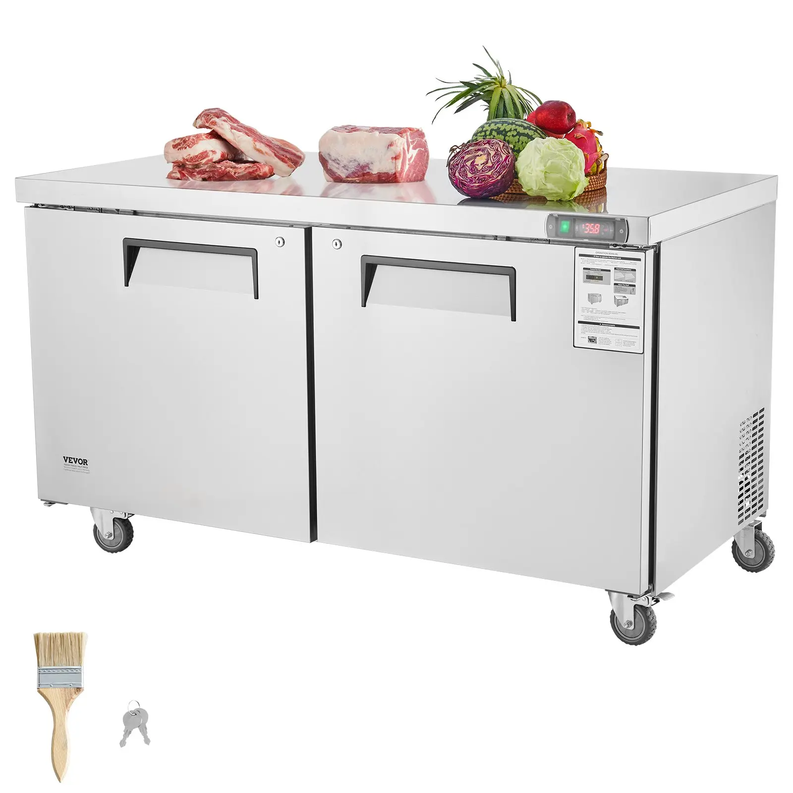 VEVOR 60" Commercial Refrigerator Sandwich Salad Prep Table, 16.4 Cu. Ft Stainless Steel Refrigerated Food Prep Station with 2 Doors, Frost Free Refrigerator with Lock for Restaurant, Bar, Store