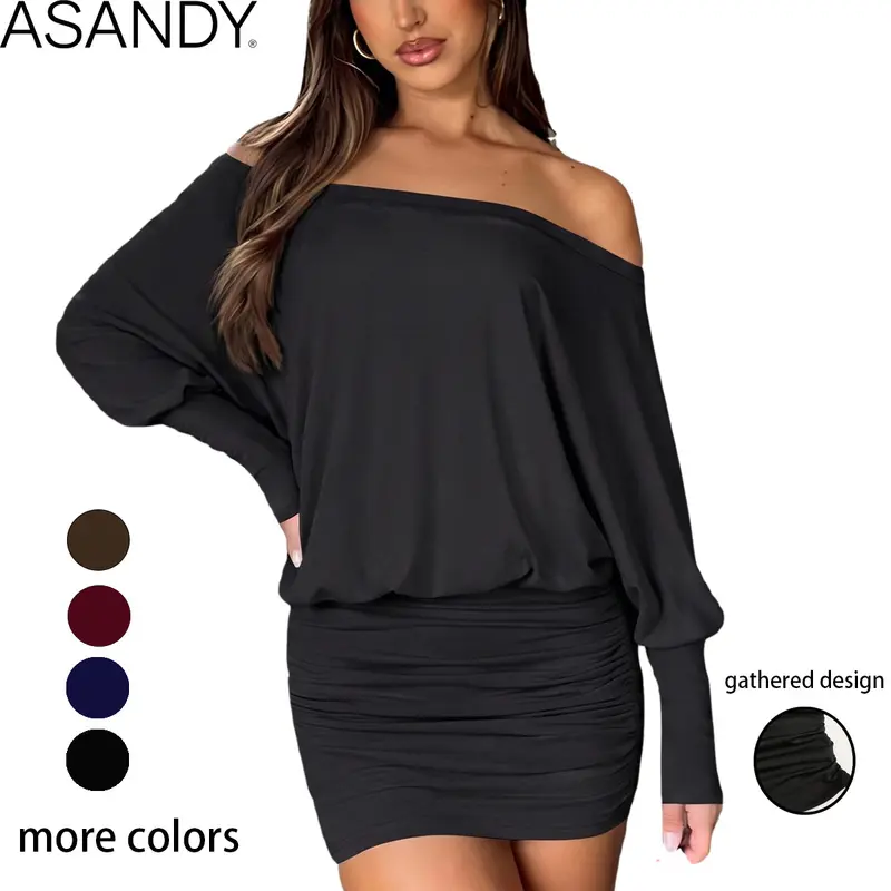 ASANDY Women's Off-the-Shoulder Ruched Batwing Long Sleeve Mini Dress - Minimalist, Soft, Breathable, Fitted, Drapey Pullover Tunic Blouse for Evening, Everyday Wear
