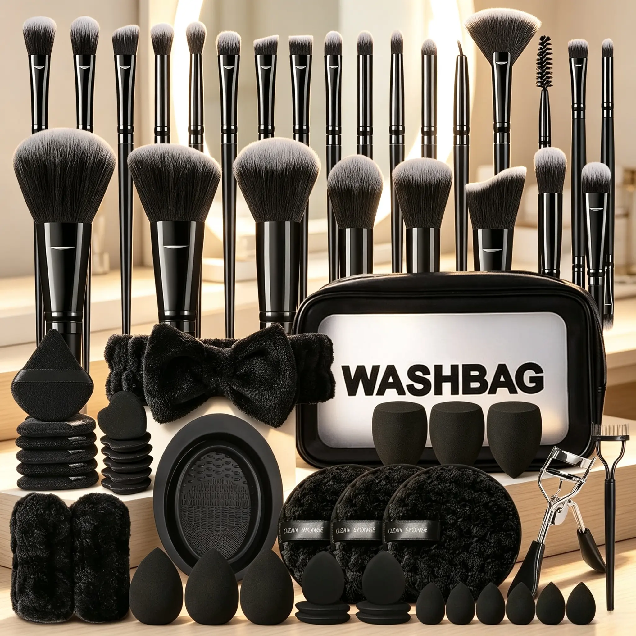 Full Black Makeup Brush Set, Multi-function Powder Blush Eyeshadow Detail Brushes With Beauty Sponge Powder Puff Cleaning Bowl & Wash Bag, Beginner Complete Makeup Tool Kit