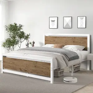 Metal Platform Bed with Wooden Headboard Footboard, Twin/Full/Queen, 10.5in Underbed Storage, Silent Frame, No Box Spring Needed