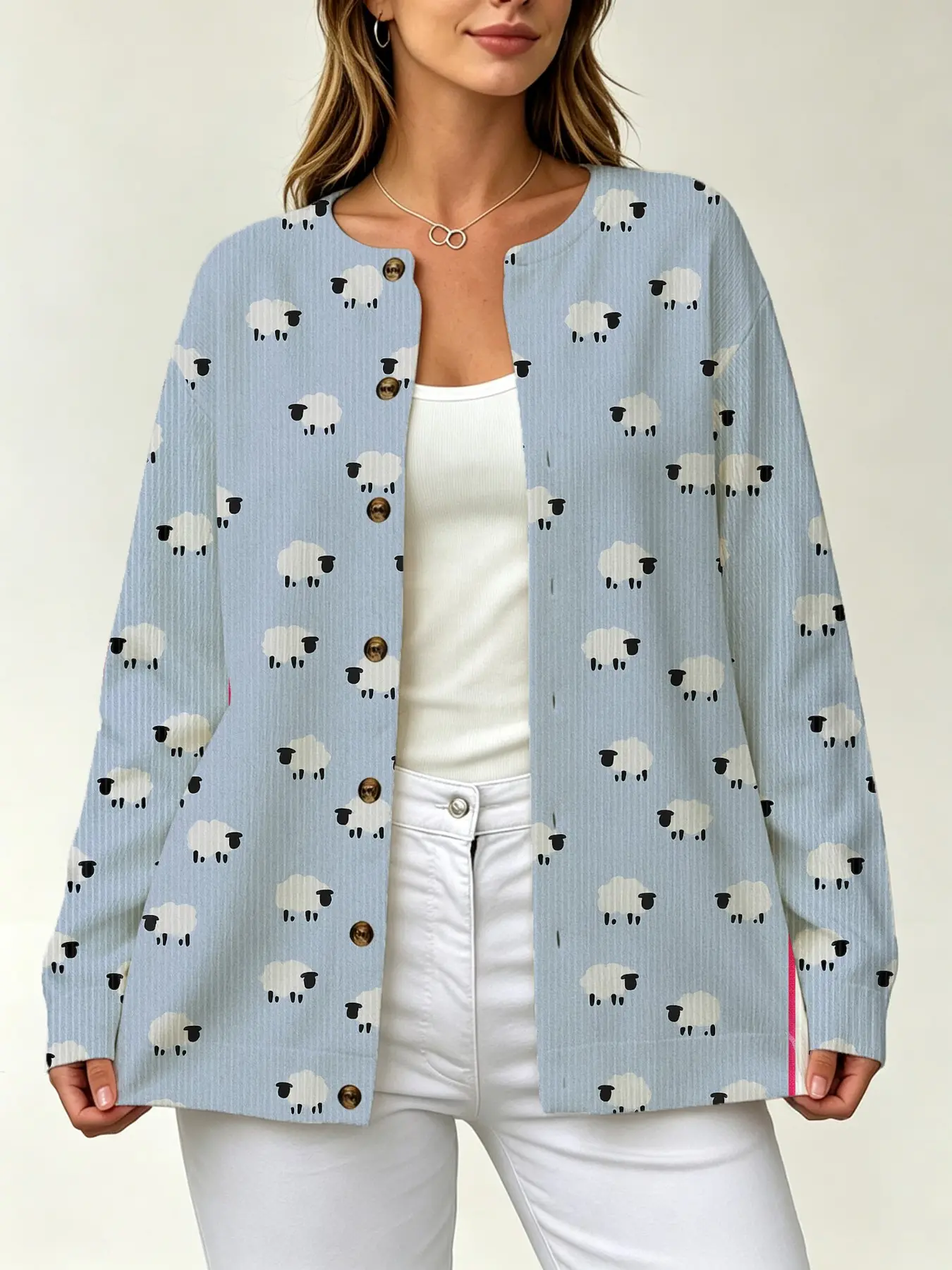 Women's New Korean Style Sheep Print Knit Cardigan, Loose Long Sleeve Casual Top, Fresh Light Color, Fall & Winter Outerwear