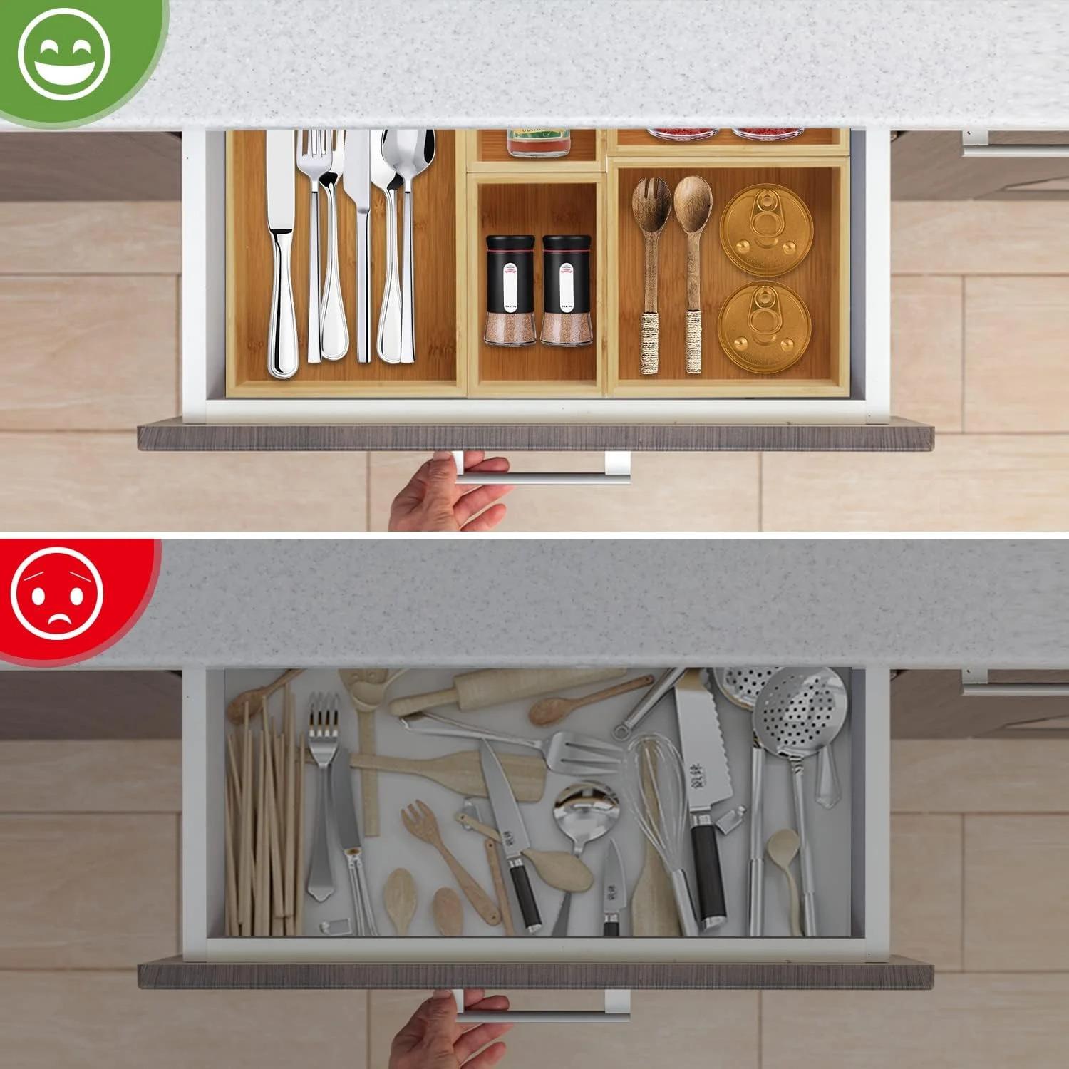 SICANDAENHK Maximize storage with this versatile bamboo drawer organizer!Adjustable dividers let you customize compartments, 7-grid trays keep small items sorted, stackable for space-saving use in kitchen, bathroom, office and vanity