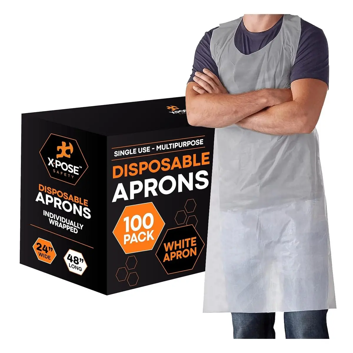 Disposable Plastic Aprons, 24x48 in, 1 Mil Waterproof Polyethylene, Lightweight, Individually Packaged for Cooking, Durable Protection for Kitchen Use