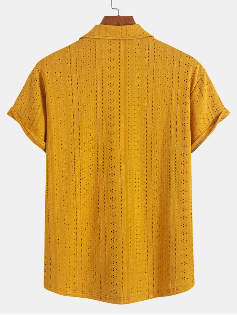 Men's Plain Hollow Out Short Sleeve Button Down Shirt, Regular Fit Casual Solid Shirt Collared Top for Summer, Fashion Men's Clothes for Daily Wear, Menswear, Casual Everyday Wear, Casual Trendy Shirt
