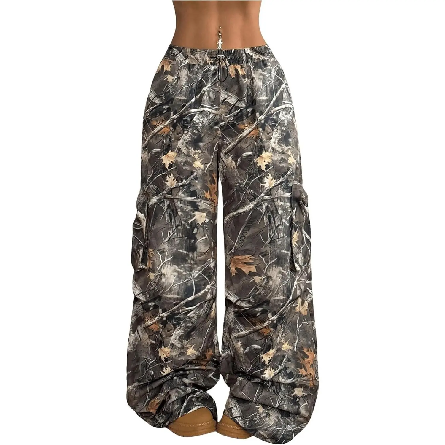 Women's Camo Cargo Baggy Pants Y2K Streetwear Drawstring Wide Leg Trousers Flare Sweatpants