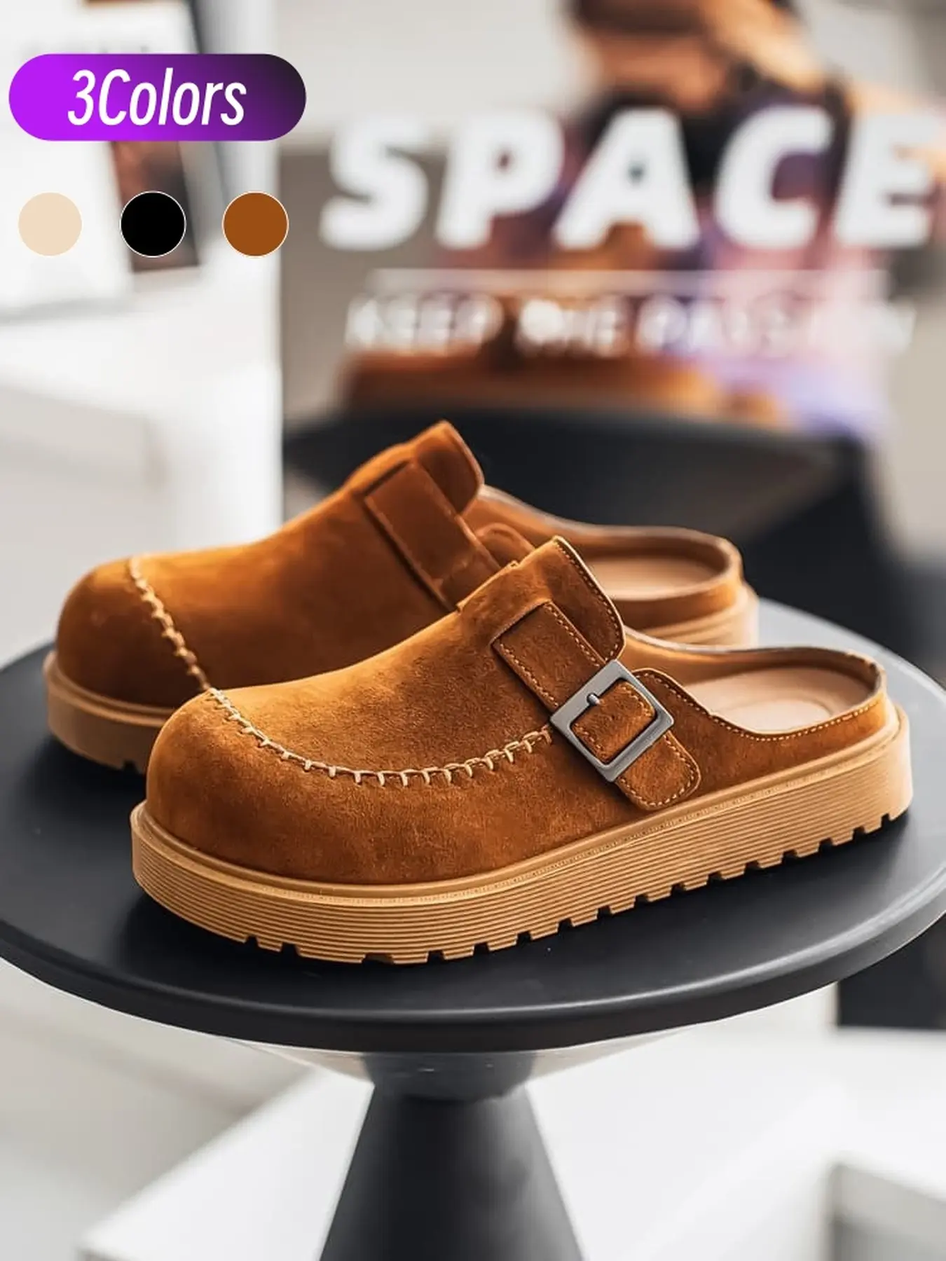 Men's thick sole mules with handmade stitching, vintage suede strap upper, slip-on slides for commute