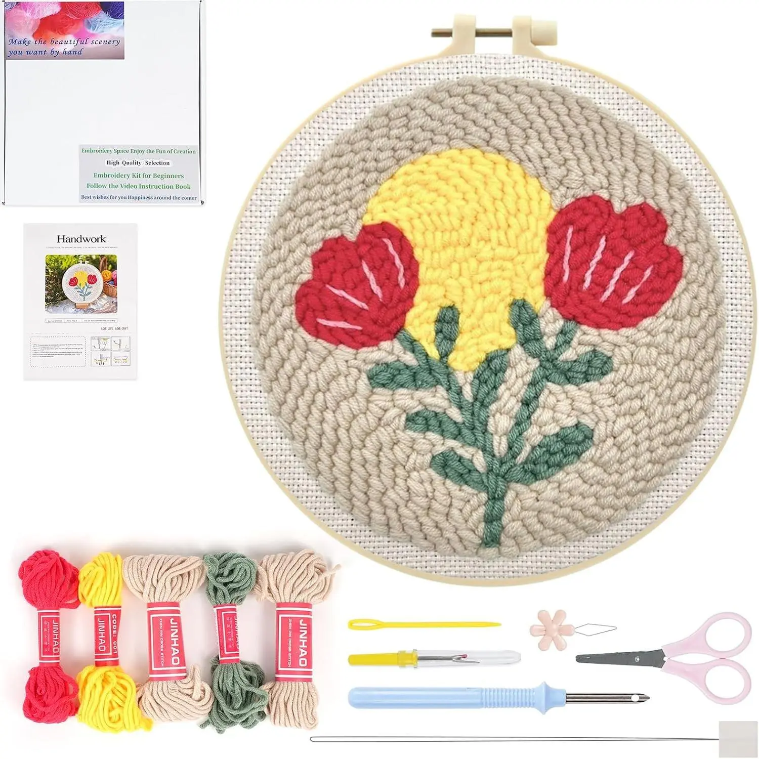 Punch  Kit Adults Beginner, Punch Embroidery Kits Beginners  Include Instructions Video, Fabric,Hoop,Yarns,Threader- Love F1