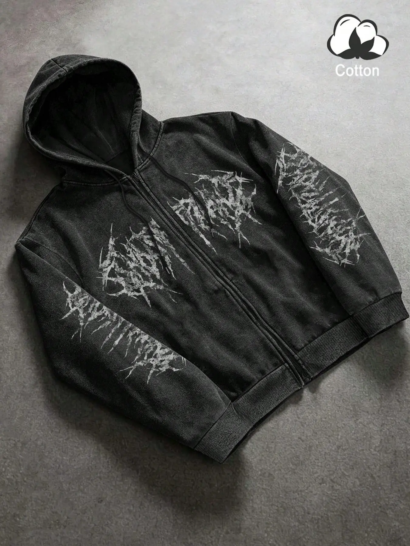 Men's Washed Black Zip Up Hooded Jacket, Thorn Distressed Graphic Print Cotton Regular Fit Top, For Gothic Hoodie Causal Street Wear