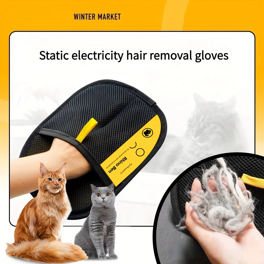 Upgraded Large Pet Static Hair Removal Glove - Black Polypropylene-Polyester, Cat Grooming Glove with Yellow Accents, 9.84in x 7.08in, Effective Fur & Dander Remover, Hair Removal Gloves