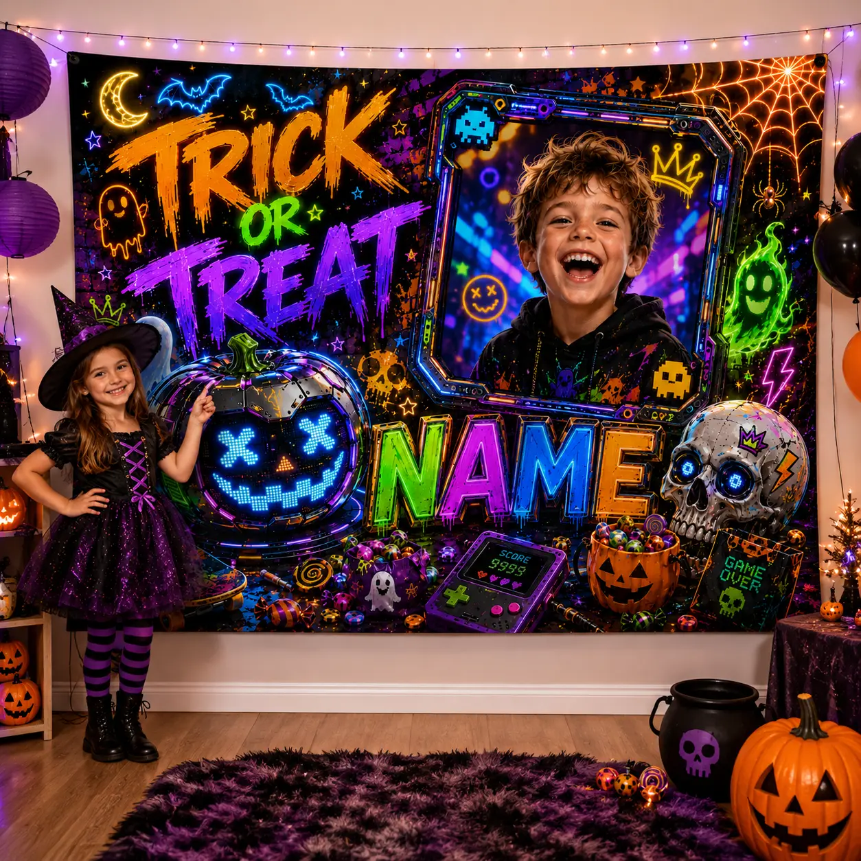 Personalized Neon Gamer Halloween Backdrop & Banner - Custom Photo, Name, Pixel Ghosts, Digital Pumpkin, Candy for Party Photo Background, Banners