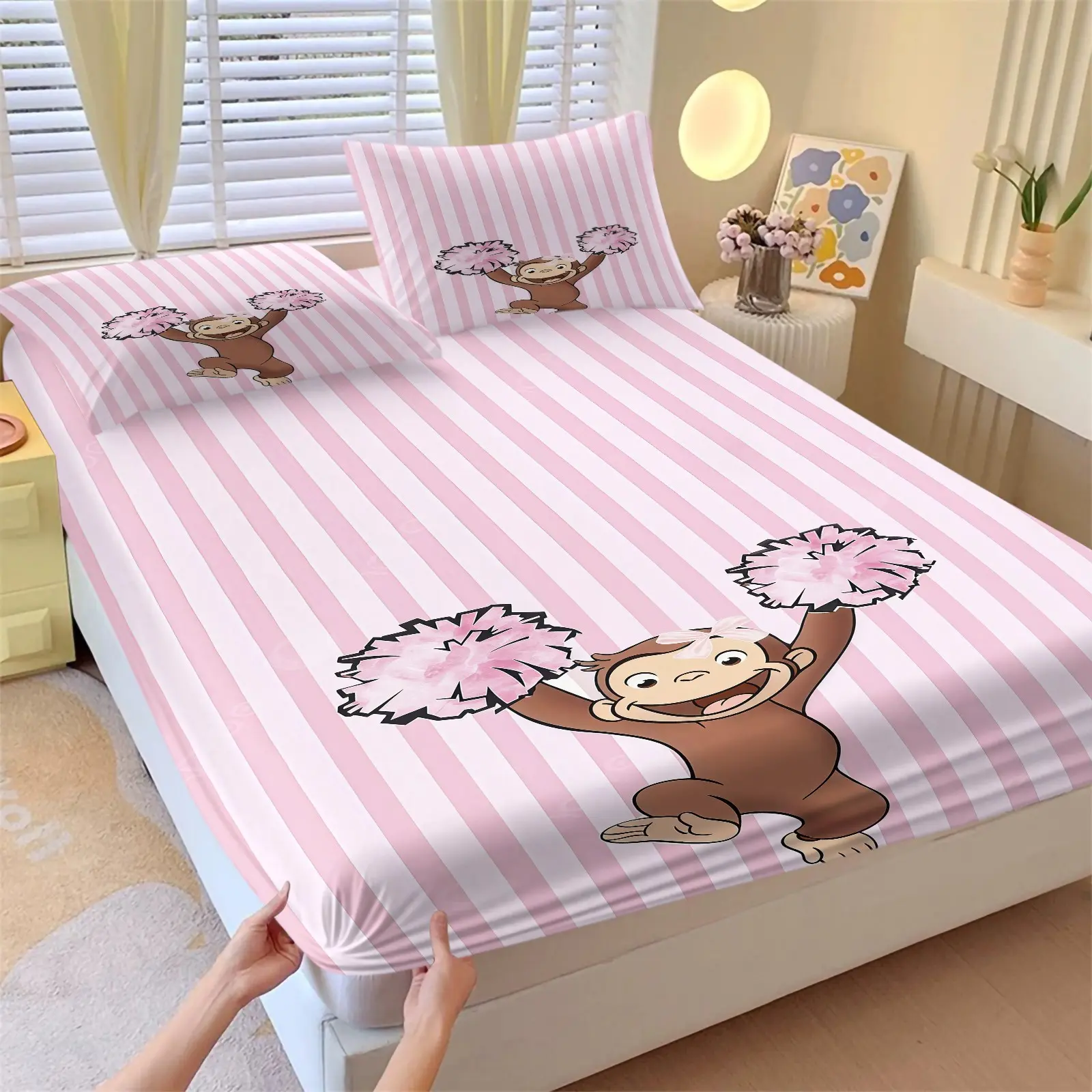 3-Piece Monkey Pattern Fitted Sheet Set, Including 1 Flat Sheet And 2 Pillowcases, Soft And Comfortable Bedding, Non-Slip Dust Cover, Suitable For Bedroom And Guest Room
