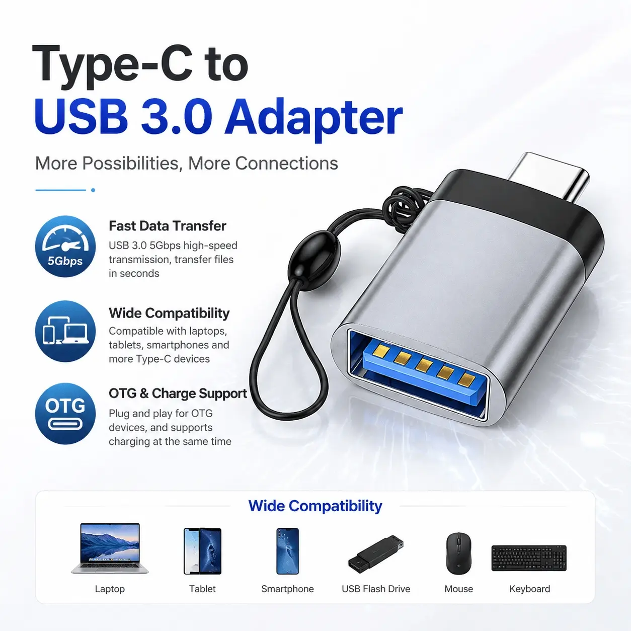 USB-C OTG Adapter, 3-Port USB 3.0 Hub for Phone & Tablet: Fast Data Transfer, Connect U-Disk, Keyboard, Mouse to iOS Android Mobile Devices, Portable Compact Design for Storage Expansion.