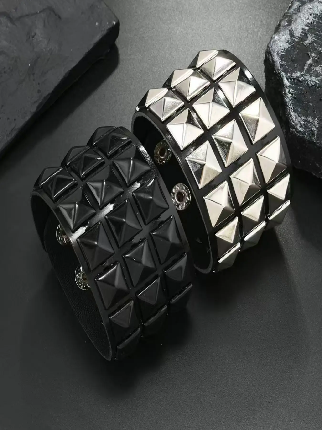 2PCS PU Leather Wide Punk Bracelet Set, Cuff Bangle Bracelet, with Full Grid Pyramid Studs, Matte Black & Silver Metallic Adjustable Gothic Rock Biker Wristbands, Unisex Streetwear Jewelry, Ideal for Halloween, Rock Concert & Birthday Gift