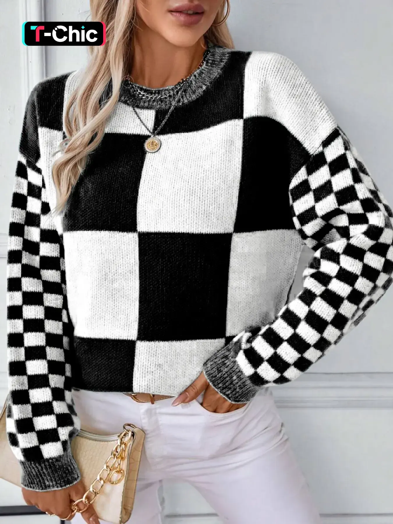 Geometric Checkered Colorblock Pullover, Round Neck Long Sleeve Knit Sweater, Casual Fitted Top for Spring & Fall, Unlined Design, Knitwear, Crewneck Pullover Top