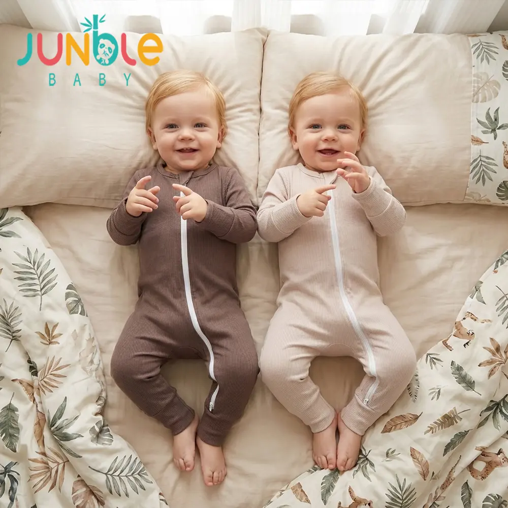 JUNBLEBABY Unisex Baby Solid Plain 2-Pack Bamboo Fiber Long-Sleeve Footie Sleep Suit Romper Set, Infant Newborn Premium Soft Sleepwear with 2-Way Zipper, Mitten Cuffs, Socks