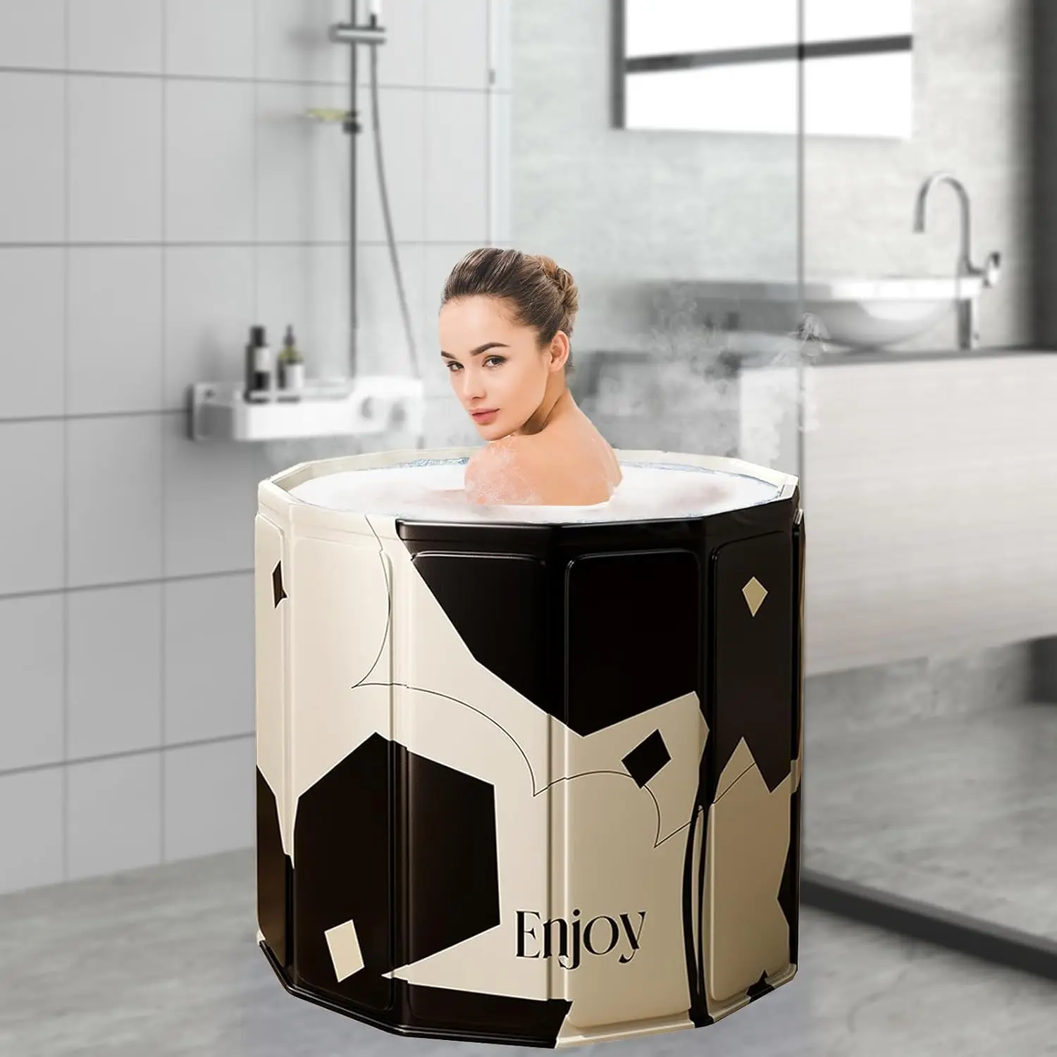 Adult portable bathtub, easy-to-assemble foldable bathtub (31.5"L x 26"), suitable for travel, camping, and outdoor activities (black and white, L)