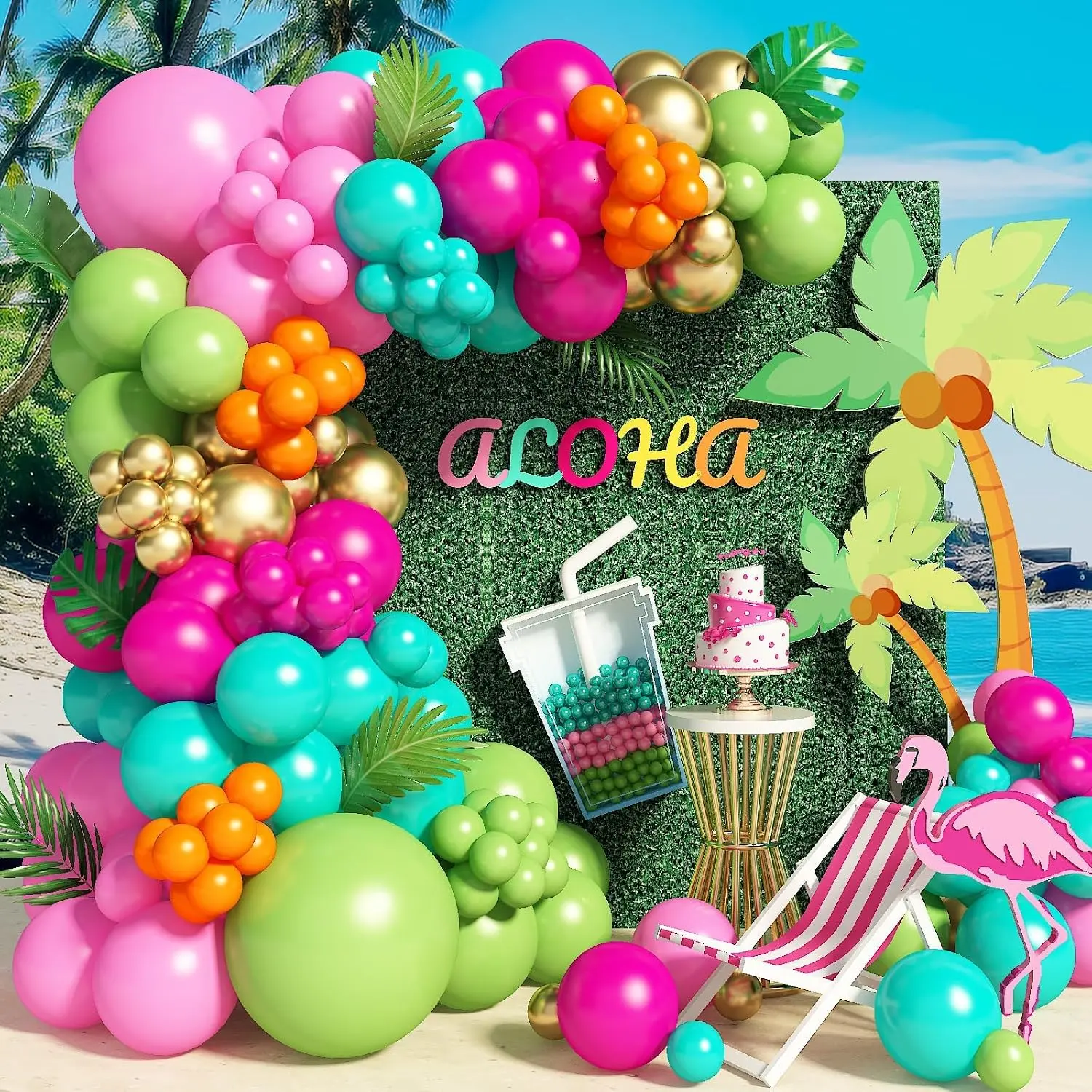 138pcs Flamingo Tropical Luau Balloons Arch Garland Kit, Olive Green and Hot Pink Orange Gold Hawaiian Balloons for Kids Summer Beach Aloha Pool Birthday Baby Shower Party Decorations Supplies