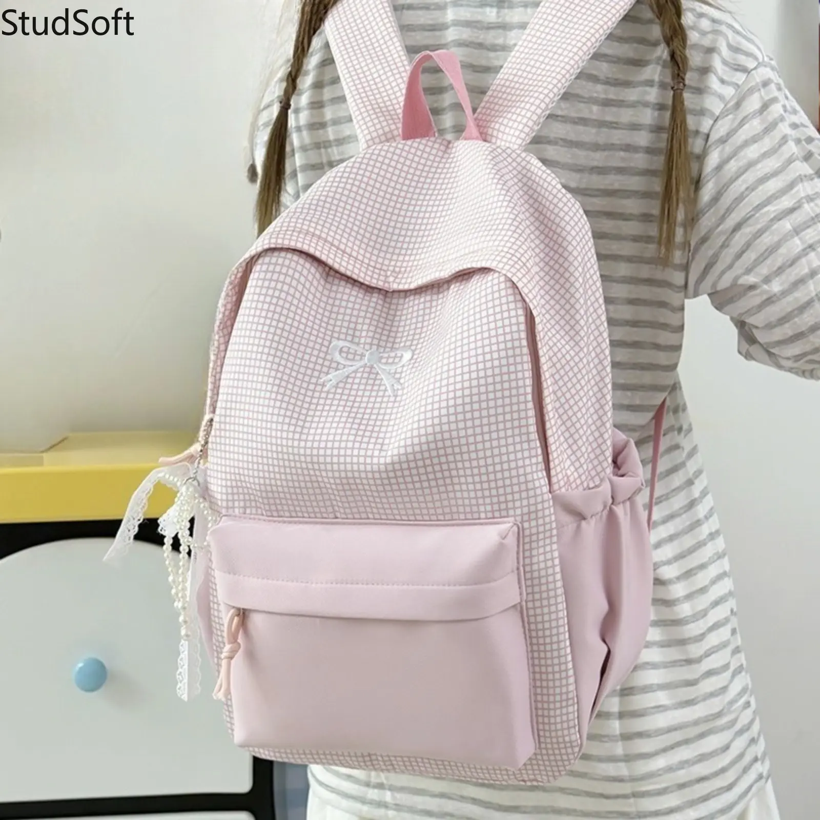 Back to School Cute Plaid Backpack Pink School Bag Large Capacity Bookbag Nylon Laptop Daypack Casual Travel Shoulder Bag for Girls Teens Women Bag Only,back to school,back to school haul