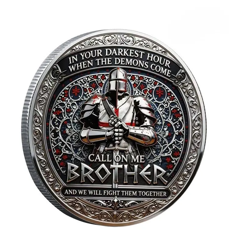 Medieval Templar Knights Brotherhood Dual-Sided Challenge Coin, Honor and Loyalty Theme, Men's Collectible Gift, Anniversary Present
