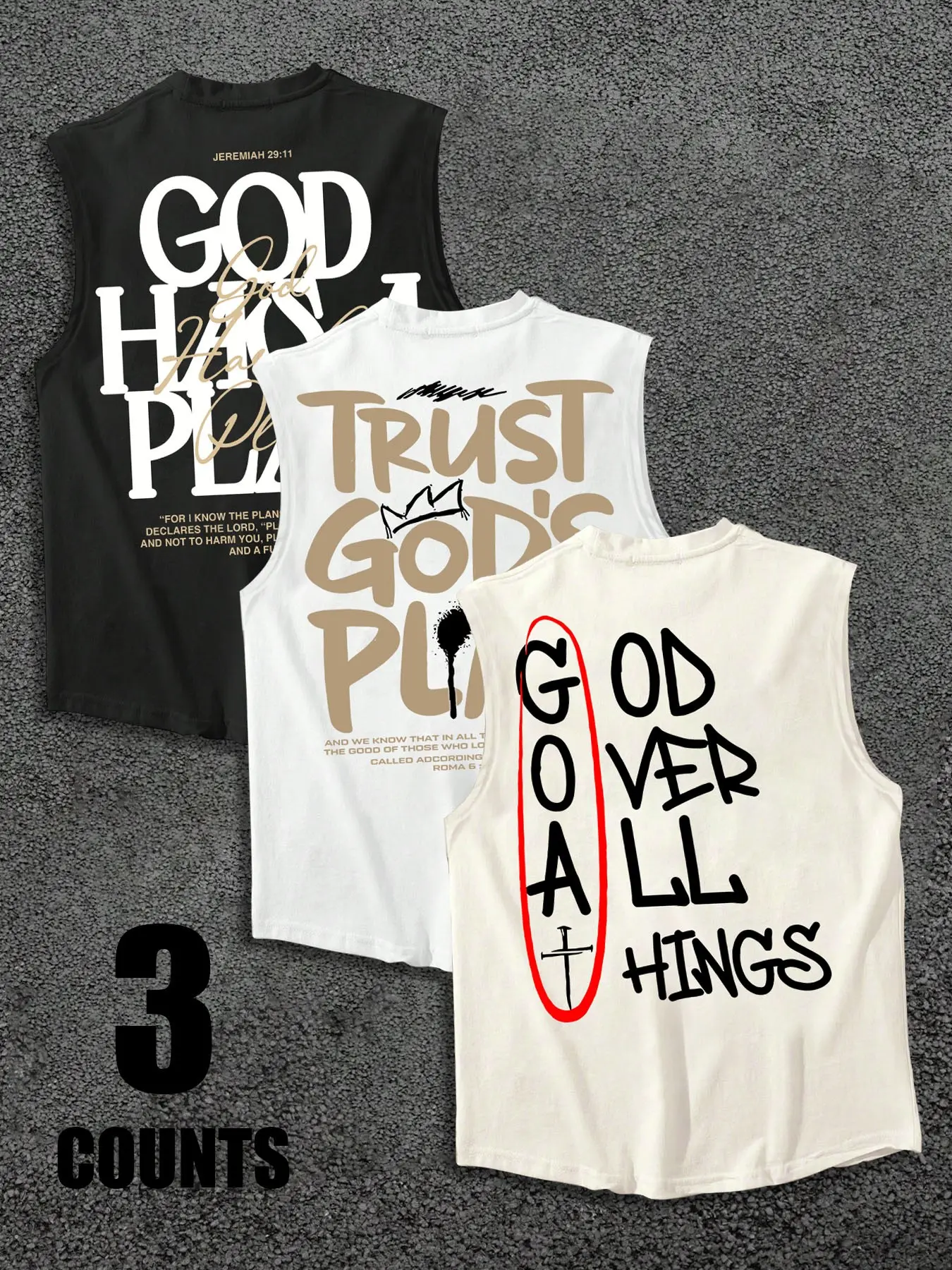 Men's 3 Pack Sleeveless Tank Tops, Christian Faith God Quote Slogan Print, Casual Fashion Religious Streetwear Vests for Men
