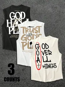 Men's 3 Pack Sleeveless Tank Tops, Christian Faith God Quote Slogan Print, Casual Fashion Religious Streetwear Vests for Men