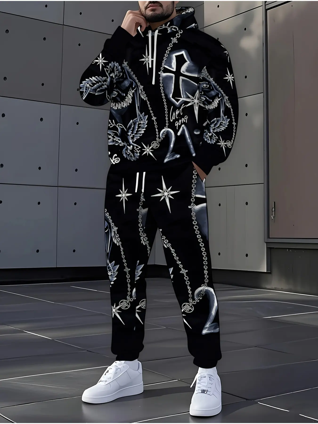 Trendy Hoodie And Pants Two-Piece Set Menswear Street Style Pattern Design Comfortable Daily Wear Outfit Fashionable Casual Clothing Suitable for Young Men And Women for Daily Outings Campus Commute