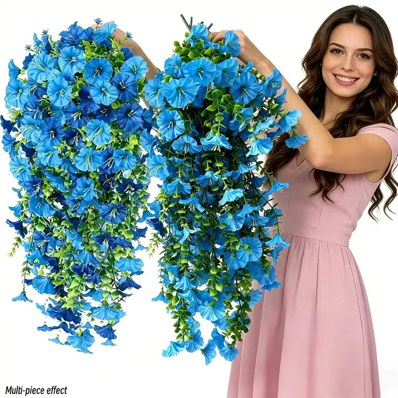 8 pieces of simulated hanging flowers, simulated hanging green plants, and simulated morning glory vines, with UV resistance function, suitable for wall decoration, home use, indoor use, and garden setting, Faux Flower Decorations