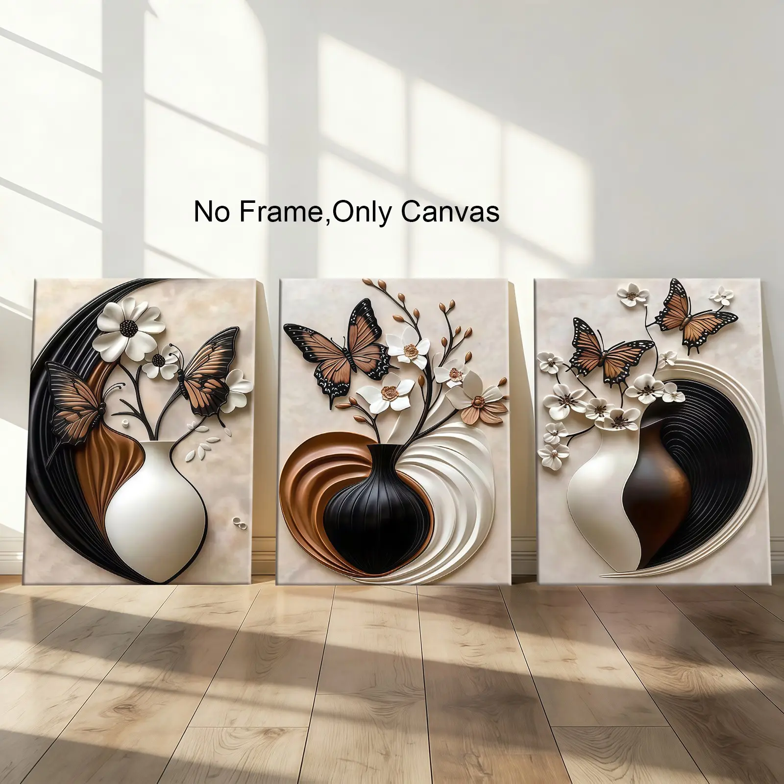 3pcs Frameless Canvas Decor Painting Posters, Modern Butterfly Floral Art Print, Wall Decor for Living Room, Bedroom, Office, Hallway, Creative Design Print