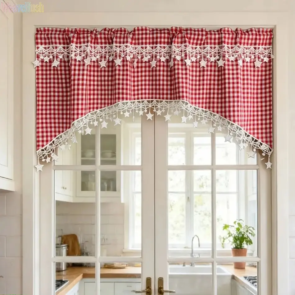 Linen Fabric Gingham Check Swag Valance Curtain with Star Lace Trim - Semi-Sheer Light Filtering Rod Pocket Drapes, Rustic Farmhouse Decor for Home Interior Kitchen Window Treatment