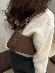 Soft Textured Leopard Baguette Underarm Bag, Warm Tone Brown All-season Street Style Purse, Y2K Ladies Handbag for Concerts Short Trips All Year Round