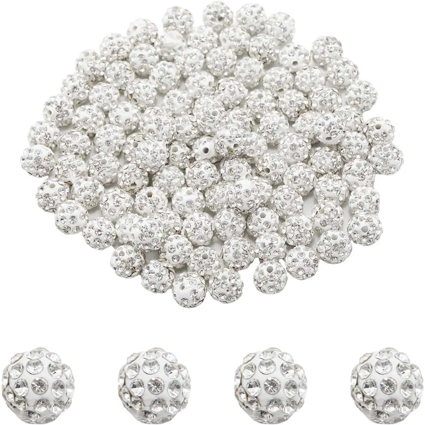 100 count 10mm Shiny Rhinestone Beads, Round Disco Ball Bulk Sparkle Clay Baseball, Fancy  Beads for  Making/Crafting and DIY(White)