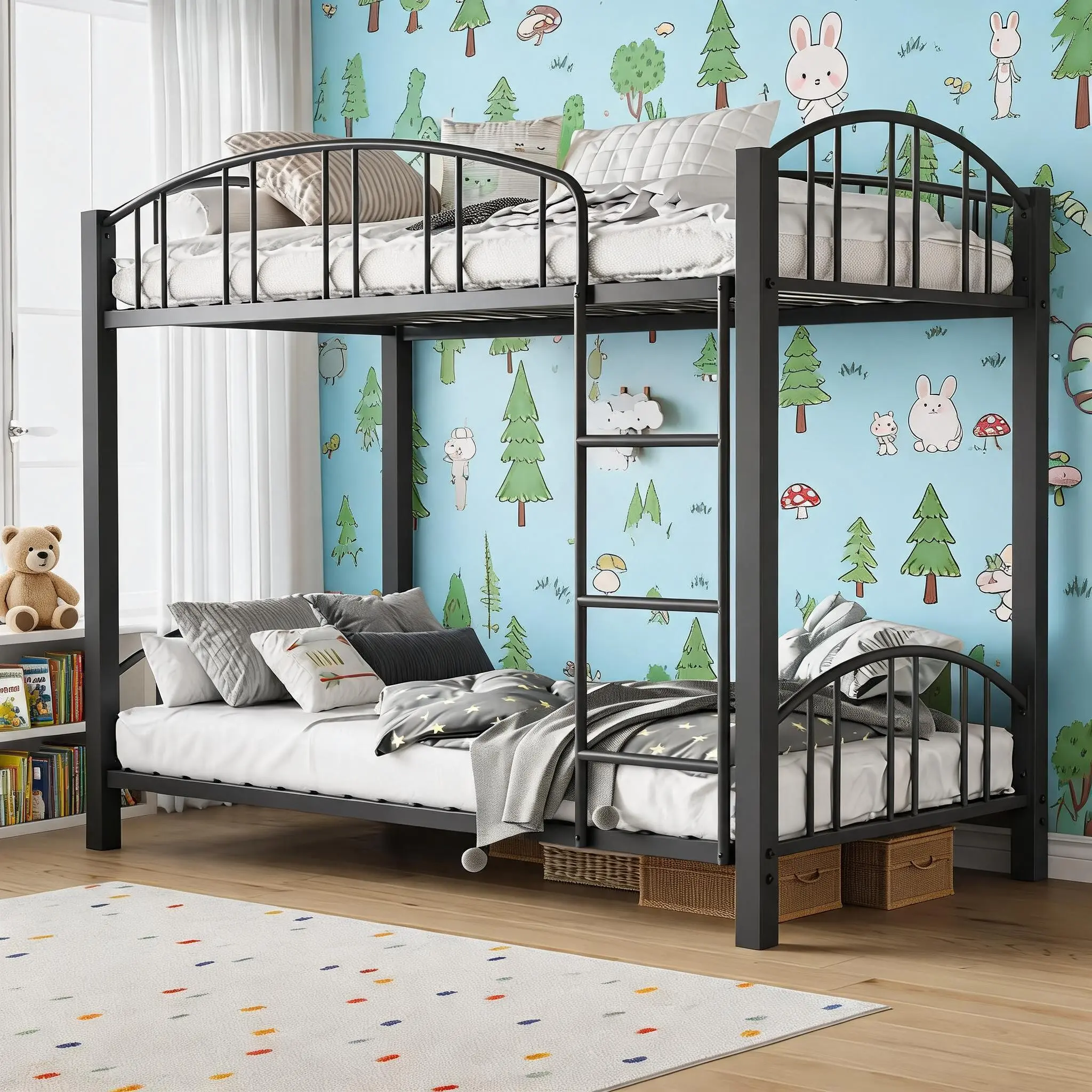 Metal Bunk Bed Twin Over Twin, Heavy Duty Bunkbeds Frame with Arched Guardrail and Safety Ladder, Sturdy Steel Bed for Kids Boys Girls, Space-Saving, No Box Spring Needed