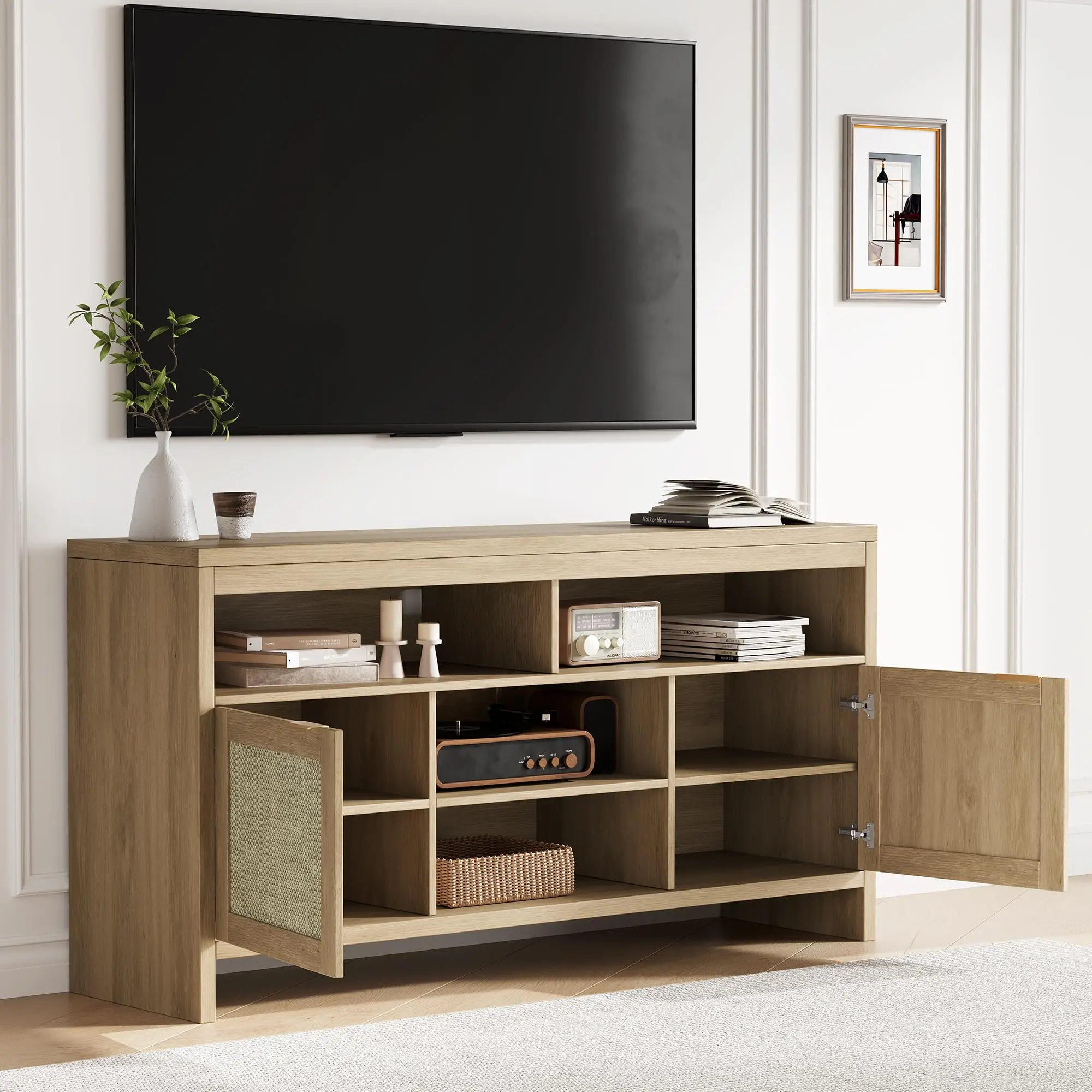 Garvee 58" Rattan TV Stand for TVs up to 65", Featuring 2 Rattan Doors and Adjustable Shelves, Modern Entertainment Center Ideal for Living Room, Bedroom, Apartment, or Farmhouse Décor