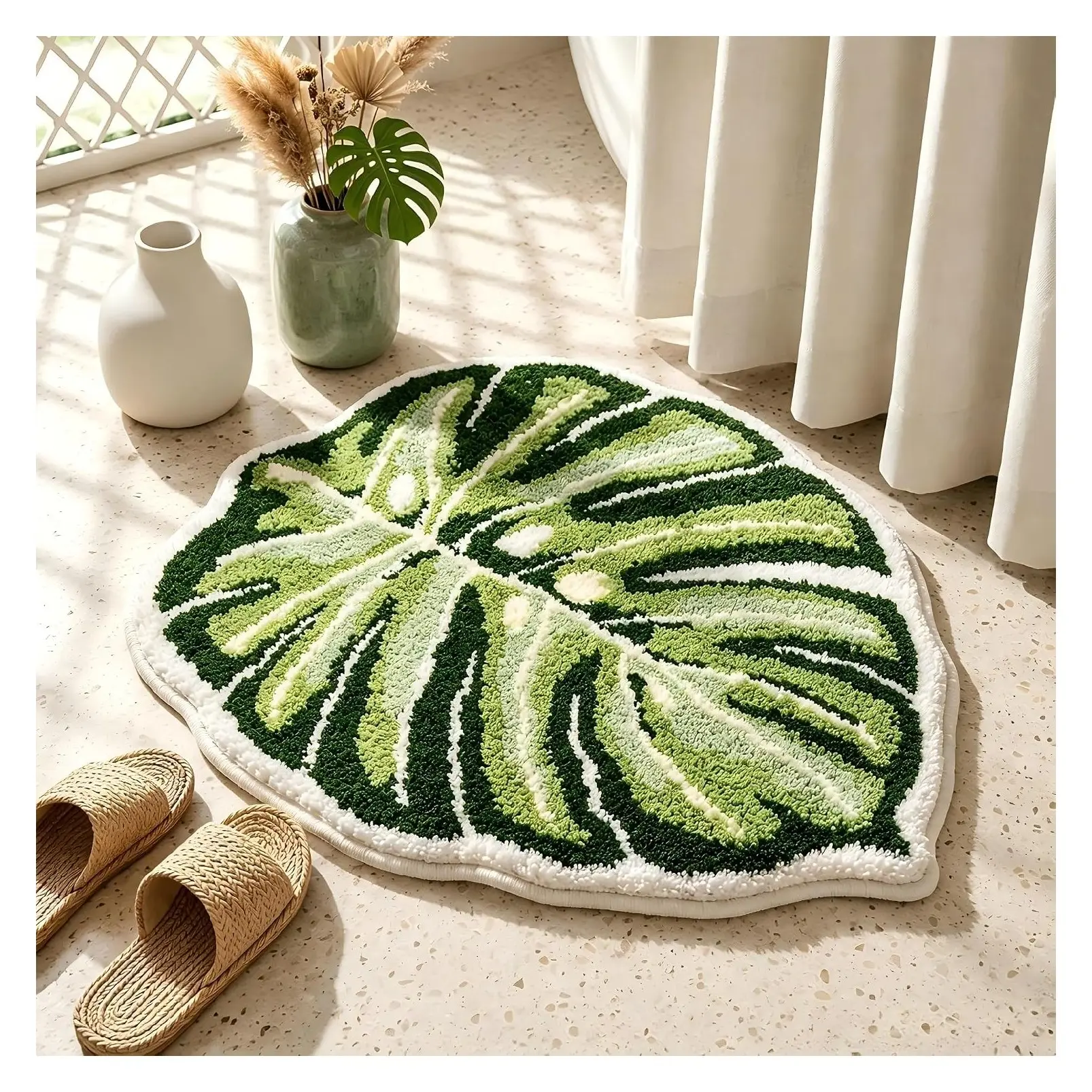 Monstera Leaf Bath Mat, Soft Non-Slip Washable Bathroom Rug, Tropical Boho Plant Decor Mat 21" x 26"Gift