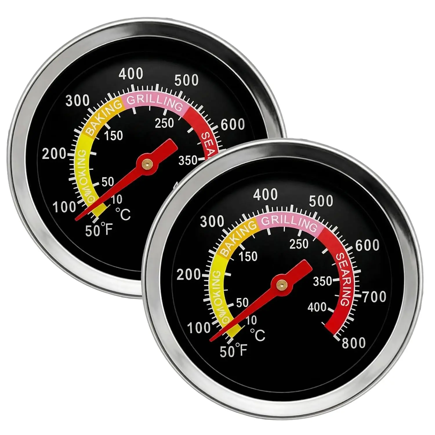 2-piece set 1000°F Grill Thermometer - Dial-type BBQ Smoker Thermometer, weatherproof and easy-to-read, suitable for charcoal grilling and meat smoking, comes with installation accessories