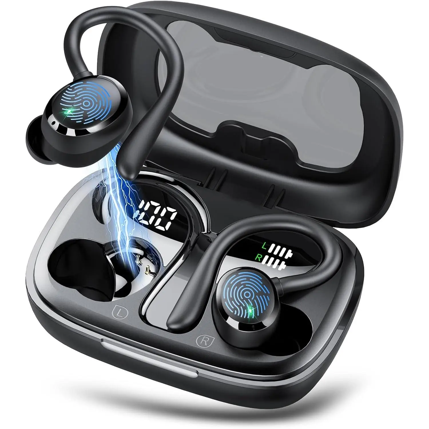 Wireless Earbuds with Earhook, 72H Playtime & Wireless Charging Case with Digital Display, IPX7 Waterproof, Deep Bass 2.0, Sport Running Bluetooth Headphones, BlackGift