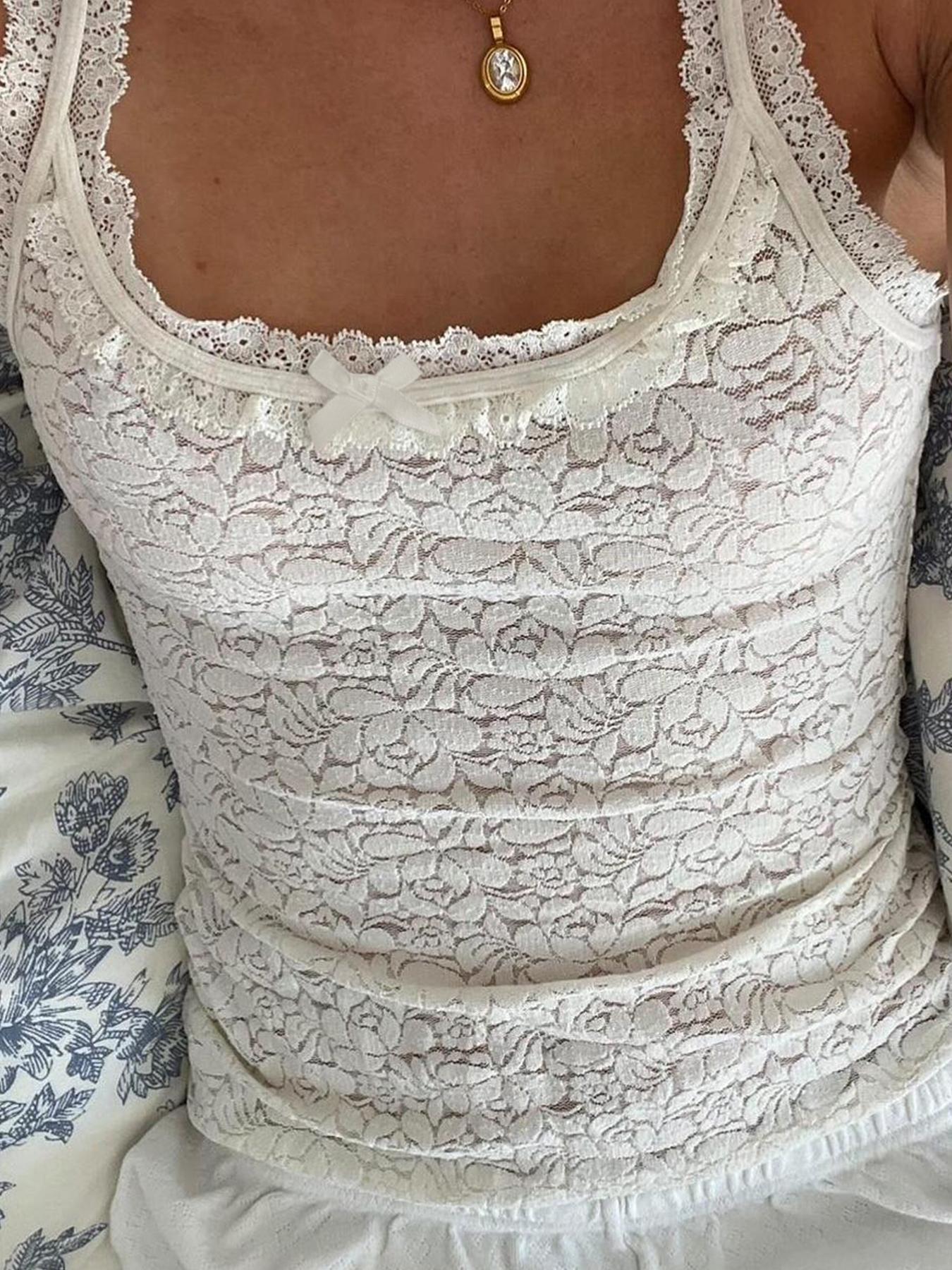 Women's Plain Floral Lace Bow Decor Crop Tank Top, Casual Fitted Sleeveless Sheer Top for Spring, Fashion Women's Top for Daily Wear