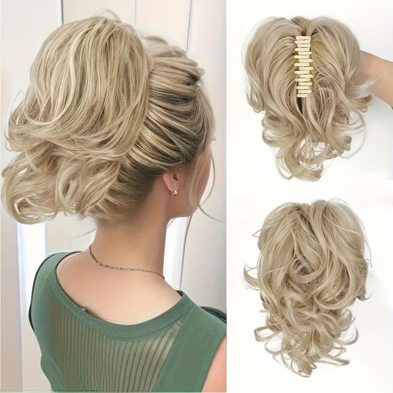 Short Clip On Messy Ponytail Hair Extension Waterfall Wave Voluminous Adjustable Big Curly for Women Blonde