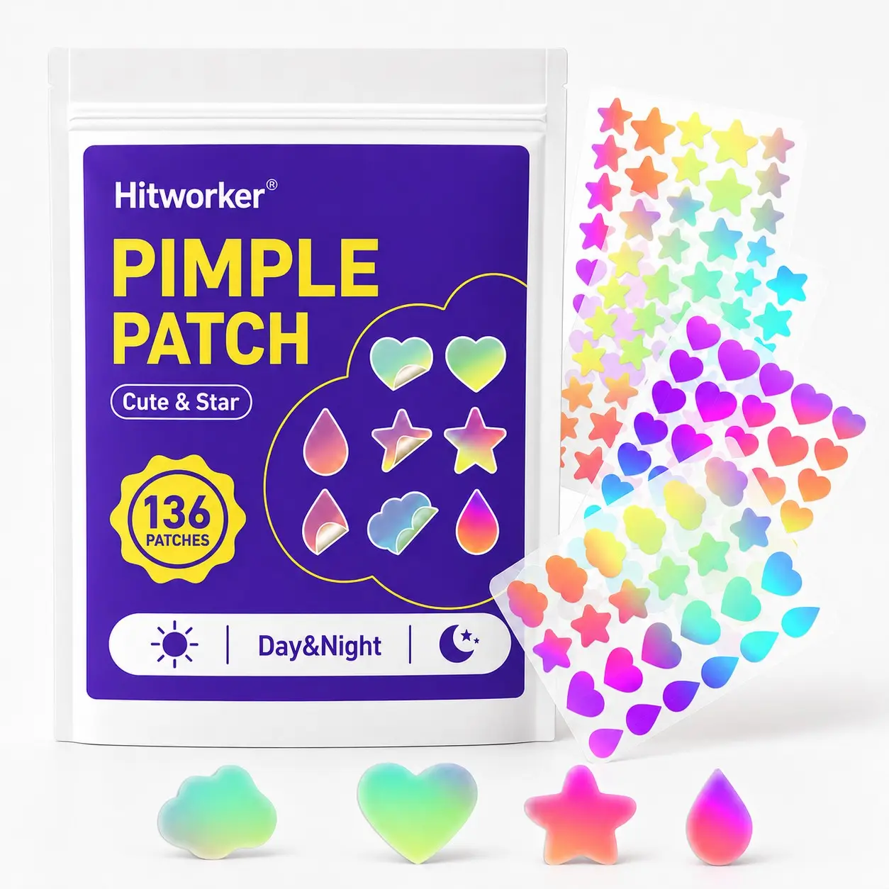 136pcs Pimple Cover Patches, Clear-Look Hydrocolloid Beauty Patches, Easy Peel Spot Cover, Day and Night Use, Non-Flammable Aerosols