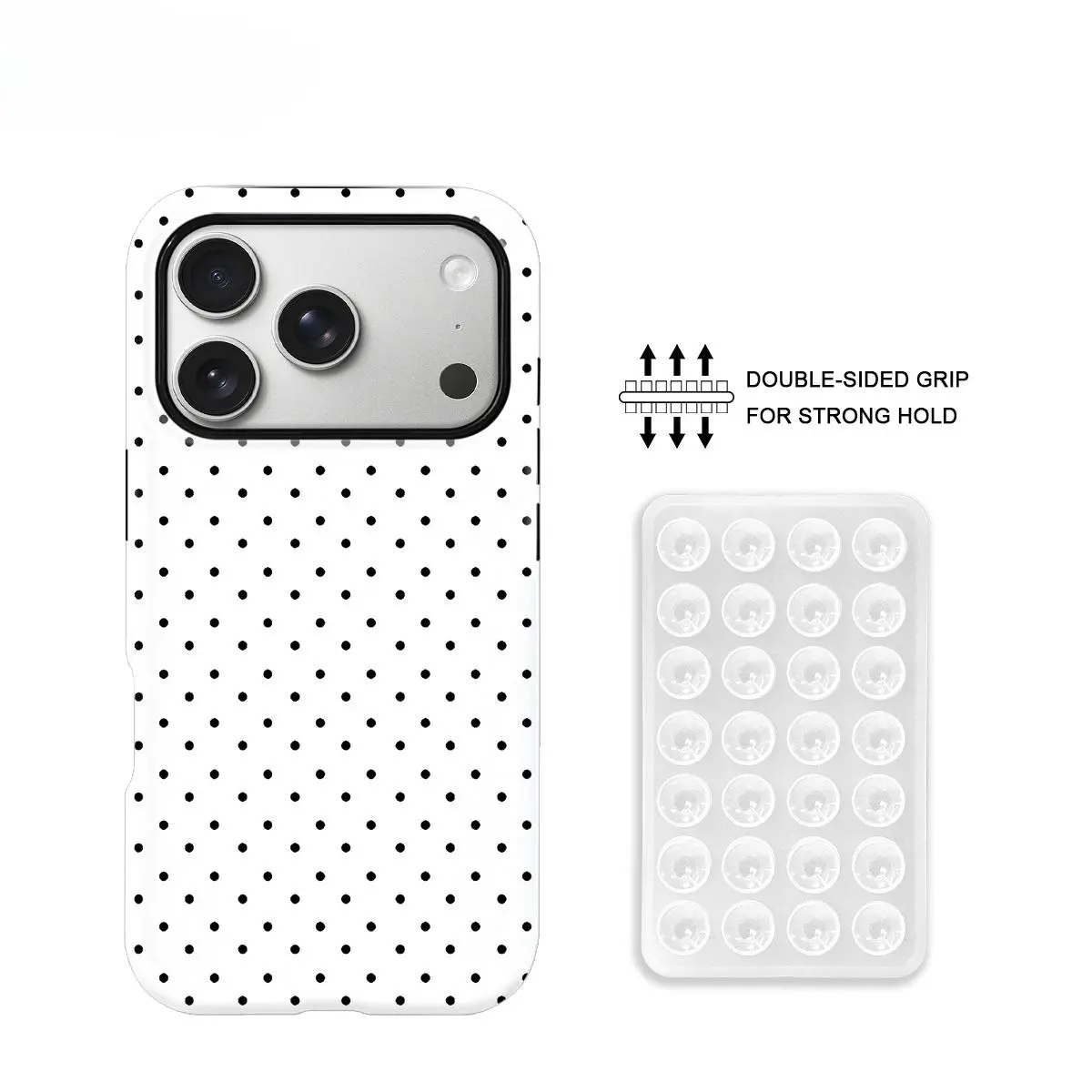 Classic Black & White Polka Dot 2-in-1 Suction Cup Cellphone Case - PC+TPU Glossy Finish Hard Shell, Shockproof & Scratch-Resistant Protector, Minimalist Retro Style Phone Accessory for iPhone 17/17 Pro/17 Pro Max/17 Air/16/15/14/13/12/11/XR/XS Max