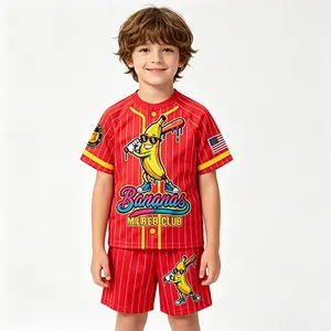 Outdoor Fun Dabbing Banana Retro US Flag Baseball Lover Jersey Set Mesh Athletic T-Shirt & Shorts Trendy Summer Drip Outfit for Toddler Big Kid Boys Girls Casual Sportswear