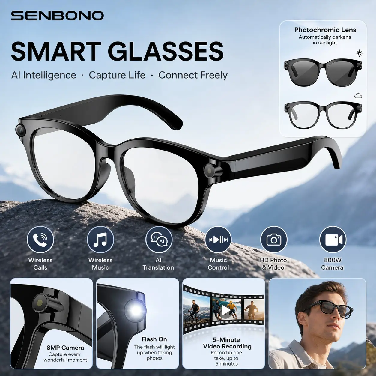 SENBONO Smart Glasses with 8MP HD Camera, AI Assistant, Translation and Object Recognition, Voice Recording, Prompt Tones, Indicator Light, Music Playback