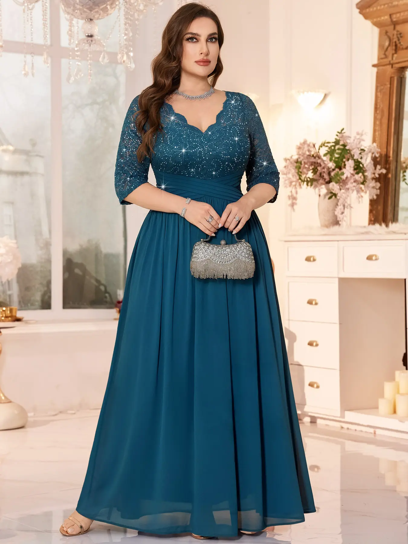 MISSMAY P25745A Plus Scallop V Neck Sequin Floral Lace 3/4 Sleeve Ruffle Ruched Waist Contrast Chiffon Elegant Formal Evening Party Long Dress, Wedding Guest Dress Chic Elegance