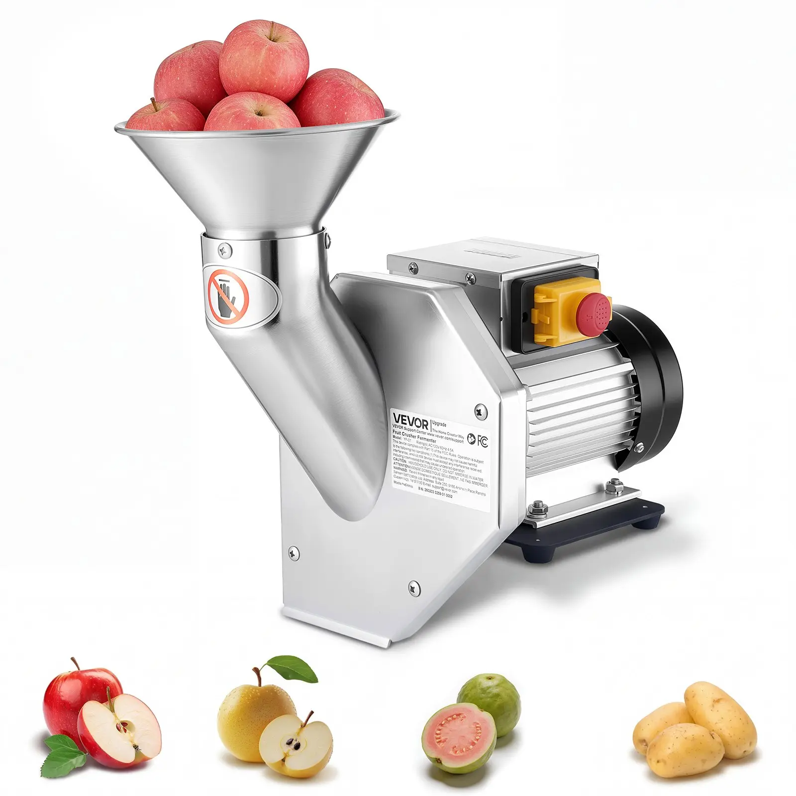 VEVOR 550W Electric Fruit Apple Crusher, SUS304 Desktop Crushing Machine, Grinds Whole Apples Up to 2.76" Dia, 60 KG/H Capacity, Cider Press for Apples, Pears, Pineapple, Guava, Carrot, Potato